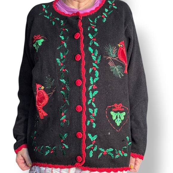 Vintage Black Cardinal Holiday Sweater Plus Size 1X Christmas Embroidered Birds - Picture 10 of 10